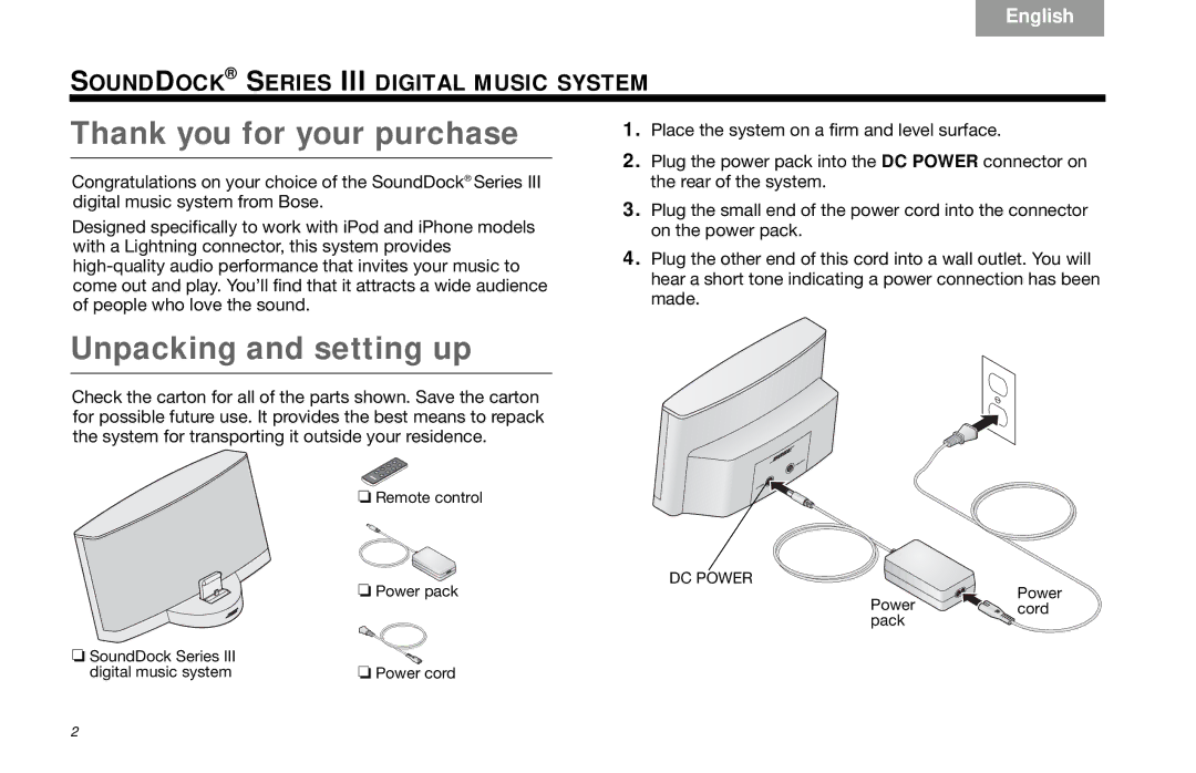 Bose SoundDock Series III manual Thank you for your purchase, Unpacking and setting up 