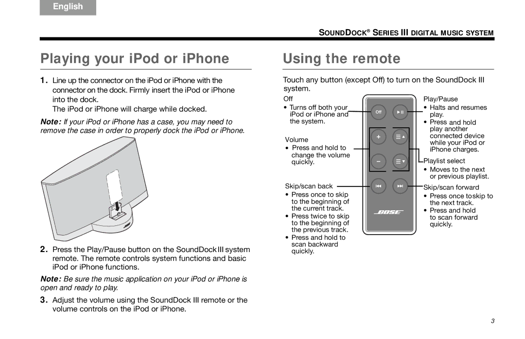 Bose SoundDock Series III manual Playing your iPod or iPhone, Using the remote 