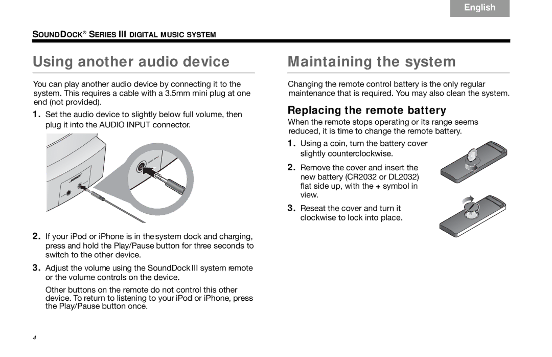 Bose SoundDock Series III manual Using another audio device, Maintaining the system 