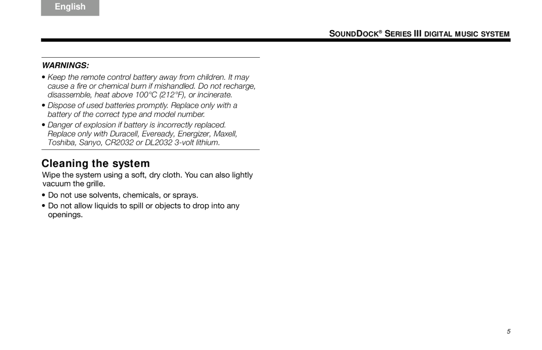 Bose SoundDock Series III manual Cleaning the system 