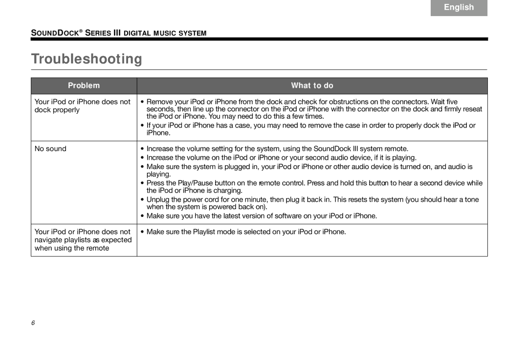 Bose SoundDock Series III manual Troubleshooting, Problem What to do 