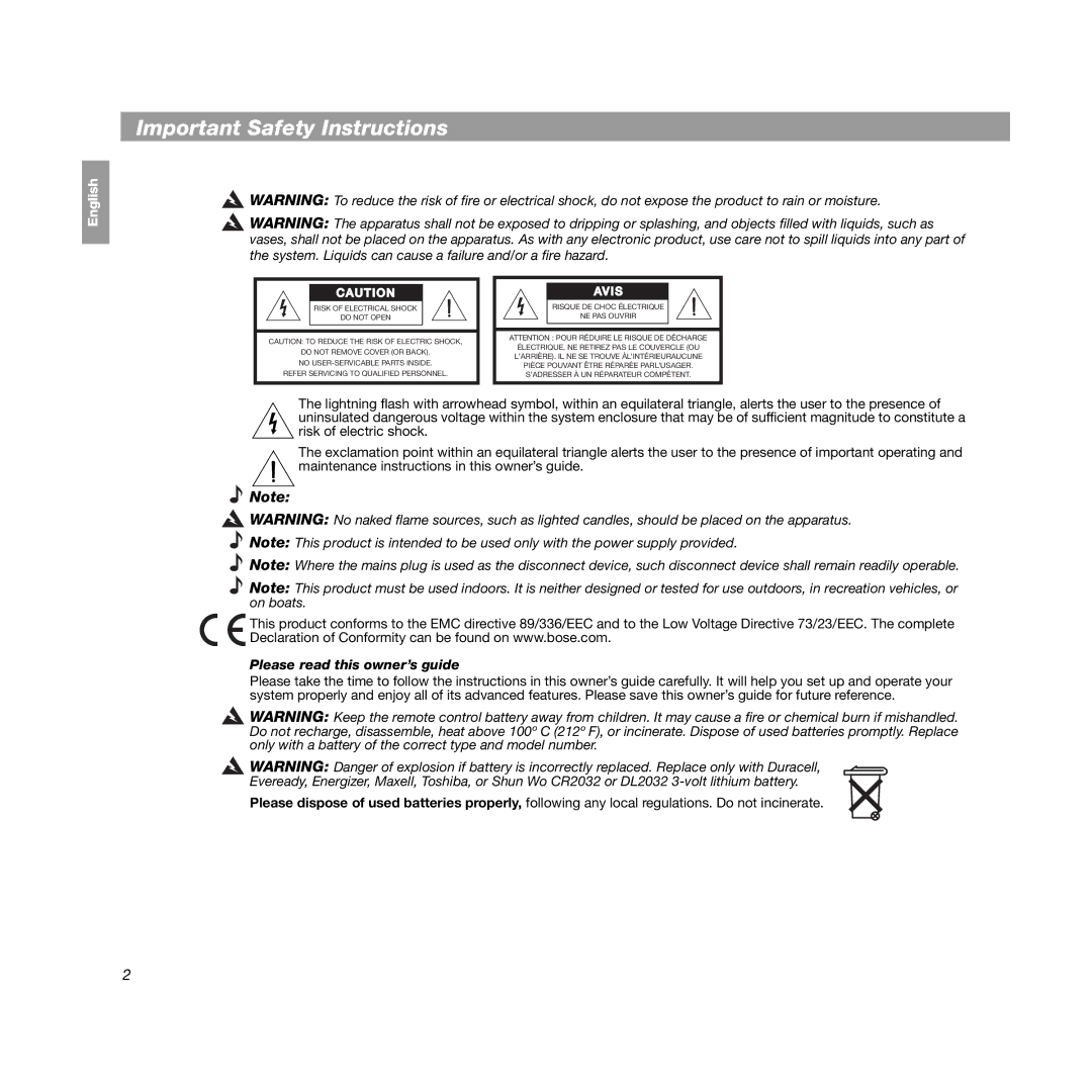 Bose SoundDock manual Important Safety Instructions, Avis 