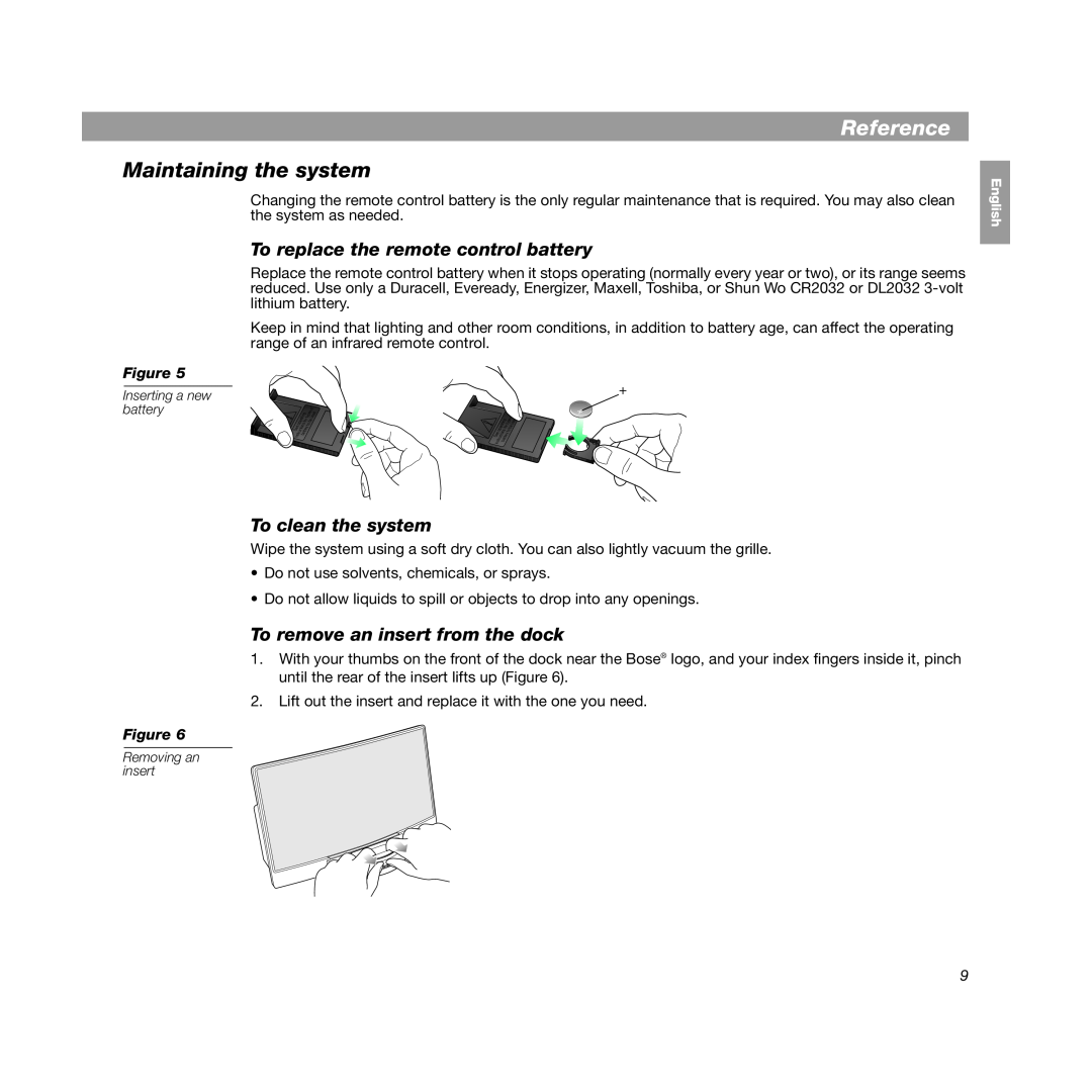 Bose SoundDock manual Reference, Maintaining the system, To replace the remote control battery, To clean the system 