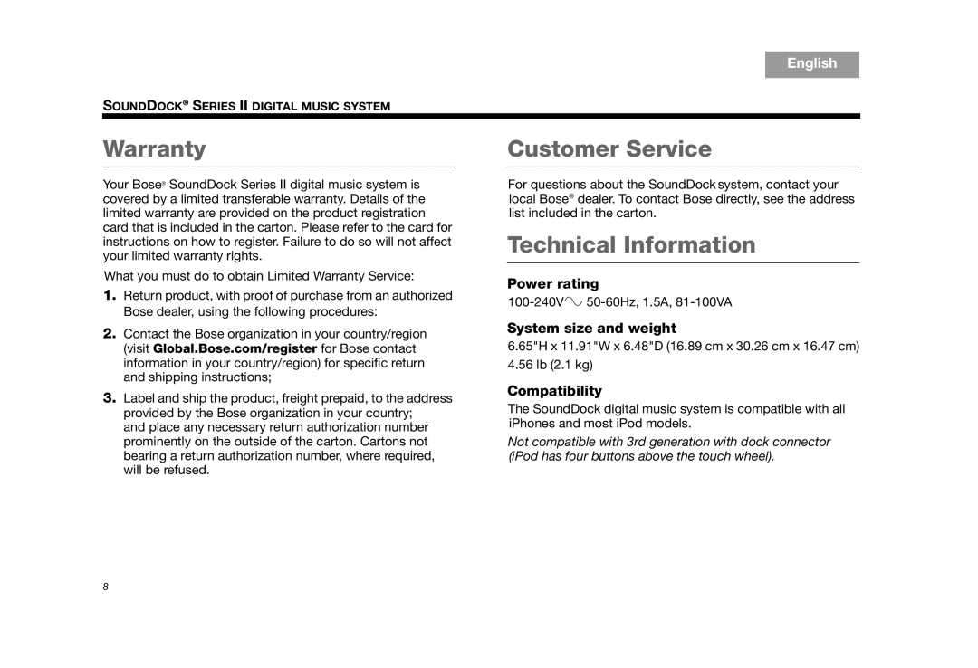 Bose SOUNDDOCKII, AM325319, SoundDock Series II (Silver) manual Warranty, Customer Service, Technical Information 