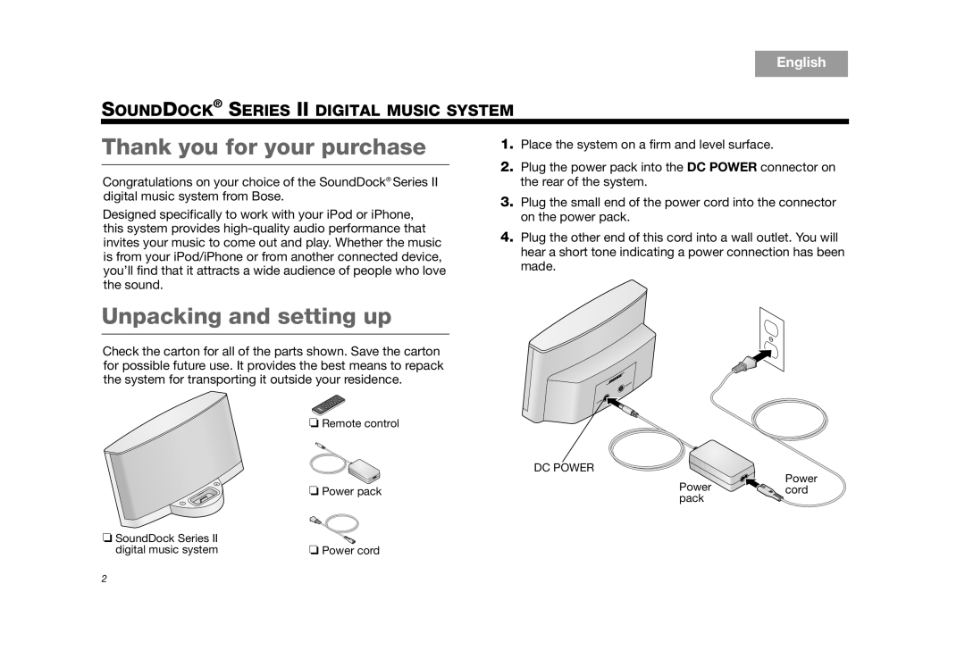 Bose SoundDock Series II (White), SOUNDDOCKII, AM325319 manual Thank you for your purchase, Unpacking and setting up 