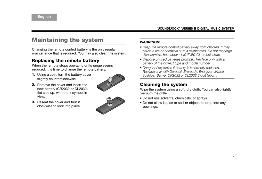 Bose SoundDock Series II (Silver), SOUNDDOCKII, AM325319 manual Maintaining the system, Replacing the remote battery 