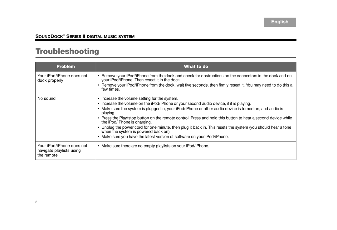 Bose SoundDock Series II Black, SOUNDDOCKII, AM325319, SoundDock Series II (Silver) manual Troubleshooting, Problem What to do 