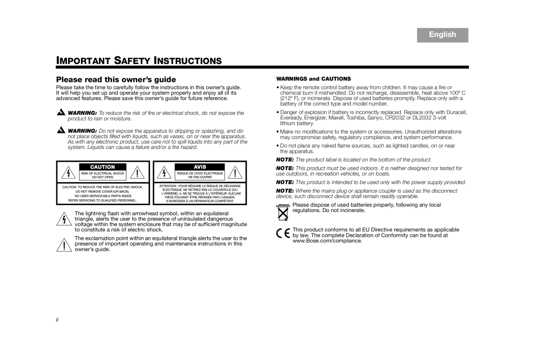 Bose SoundDock Series II (Silver), SOUNDDOCKII manual Important Safety Instructions, English, Please read this owner’s guide 