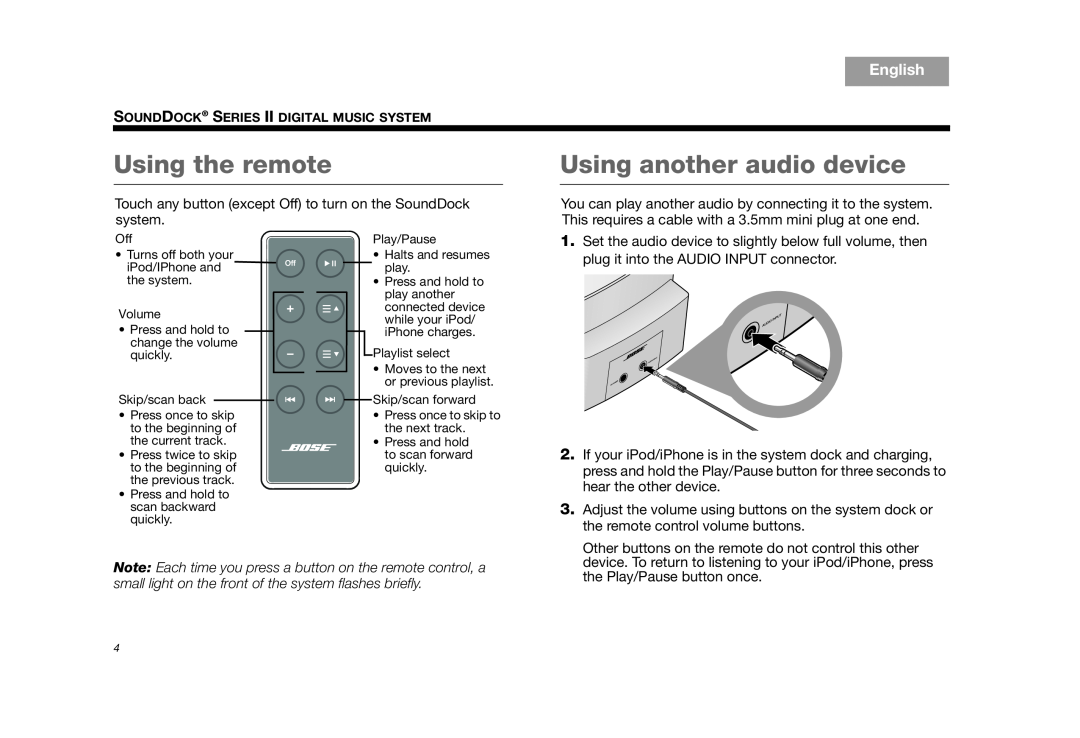 Bose AM325319, SOUNDDOCKII, SoundDock Series II (Silver) manual Using the remote, Using another audio device, English 