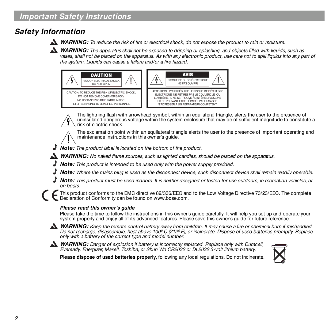 Bose SOUNDDOCKTM DIGITAL MUSIC SYSTEM manual Important Safety Instructions, Safety Information 