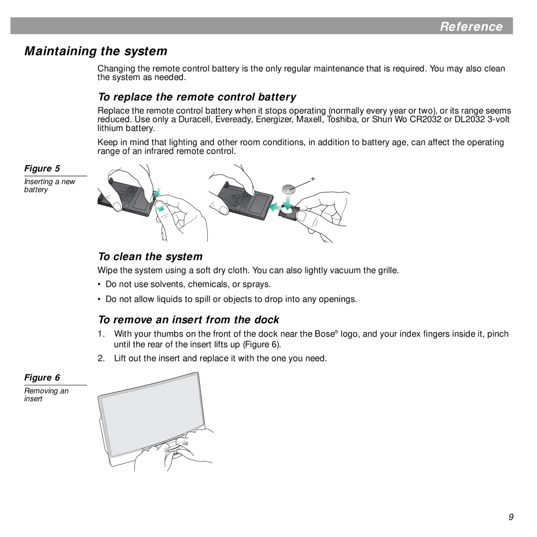 Bose SOUNDDOCKTM DIGITAL MUSIC SYSTEM manual Reference, Maintaining the system, To replace the remote control battery 