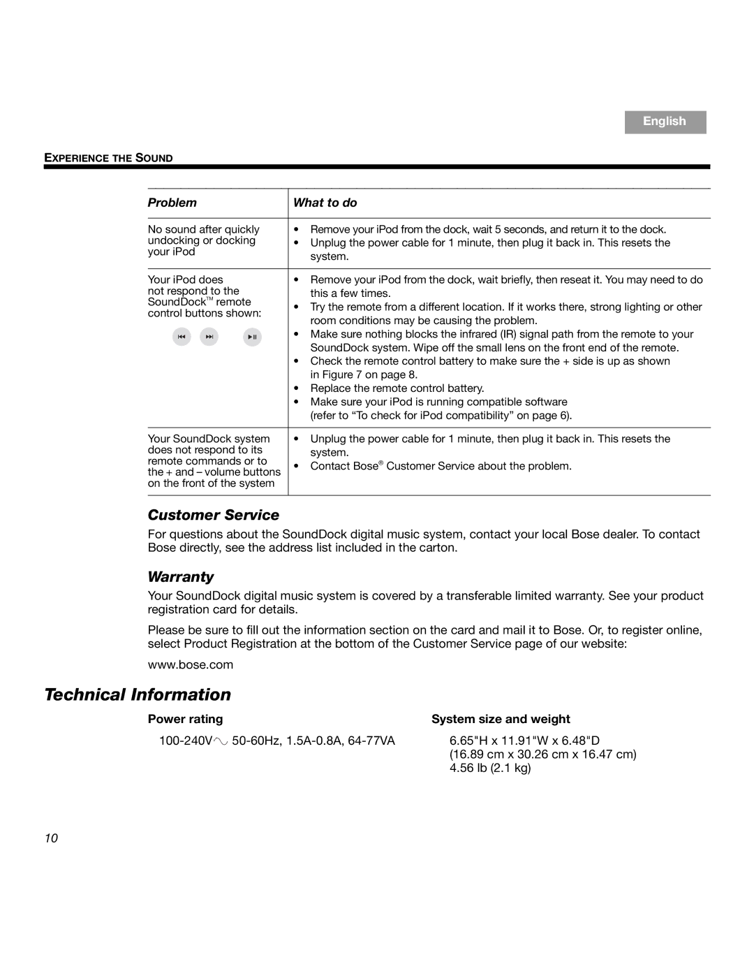 Bose SOUNDDOCKTM manual Technical Information, Customer Service, Warranty 