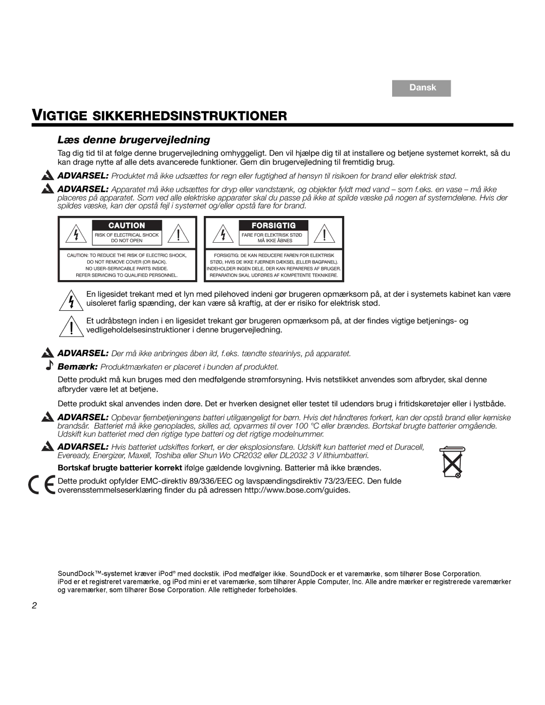 Bose SOUNDDOCKTM manual Vigtige Sikkerhedsinstruktioner, Læs denne brugervejledning 