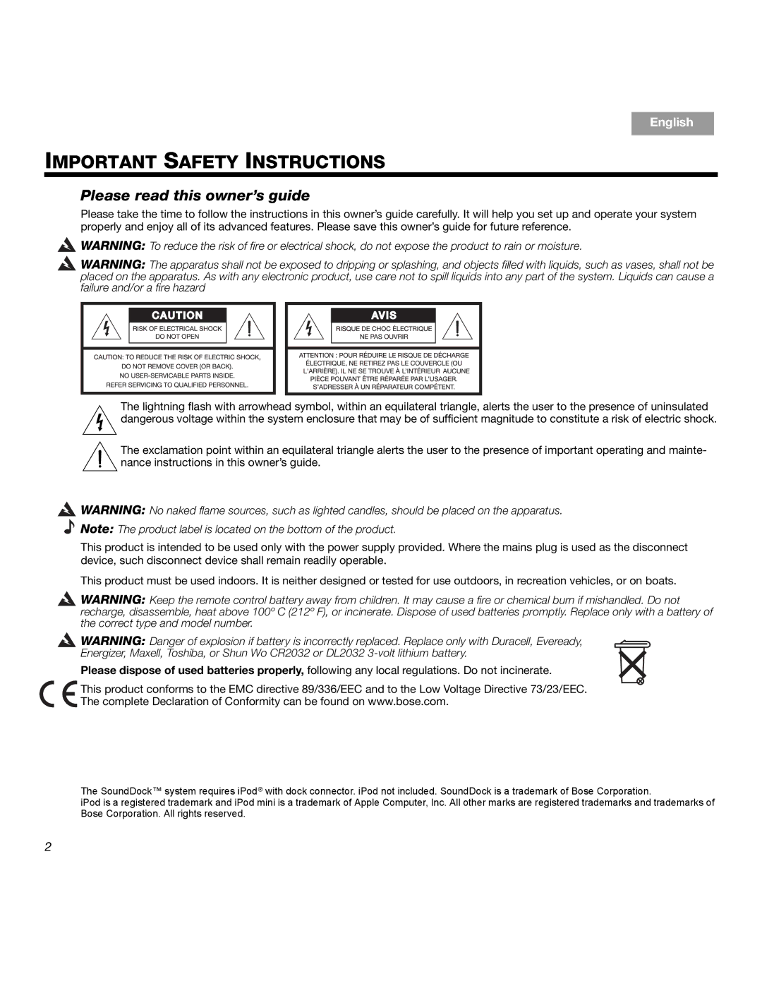 Bose SOUNDDOCKTM manual Important Safety Instructions, Please read this owner’s guide 