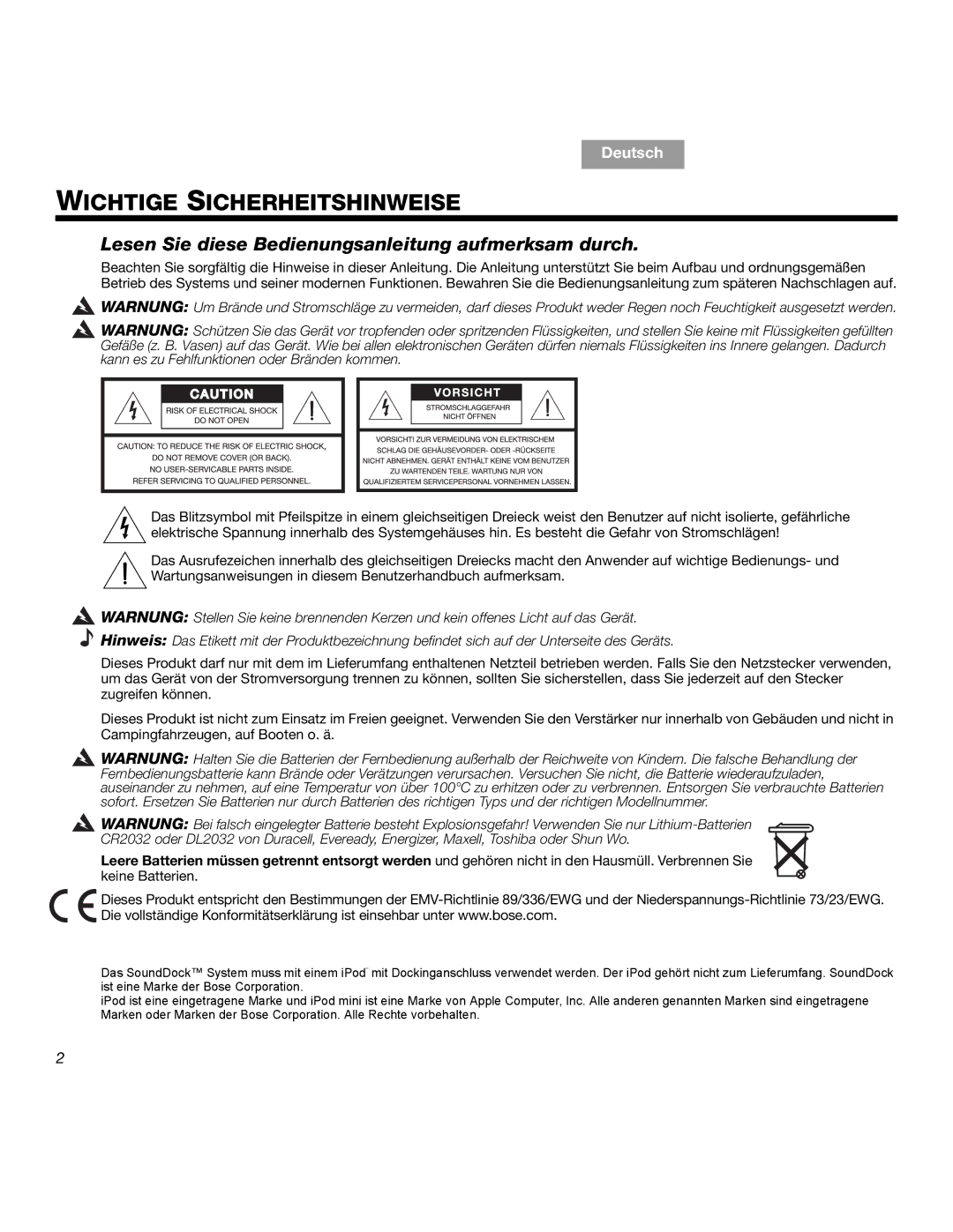 Bose SOUNDDOCKTM manual Wichtige Sicherheitshinweise, Lesen Sie diese Bedienungsanleitung aufmerksam durch 