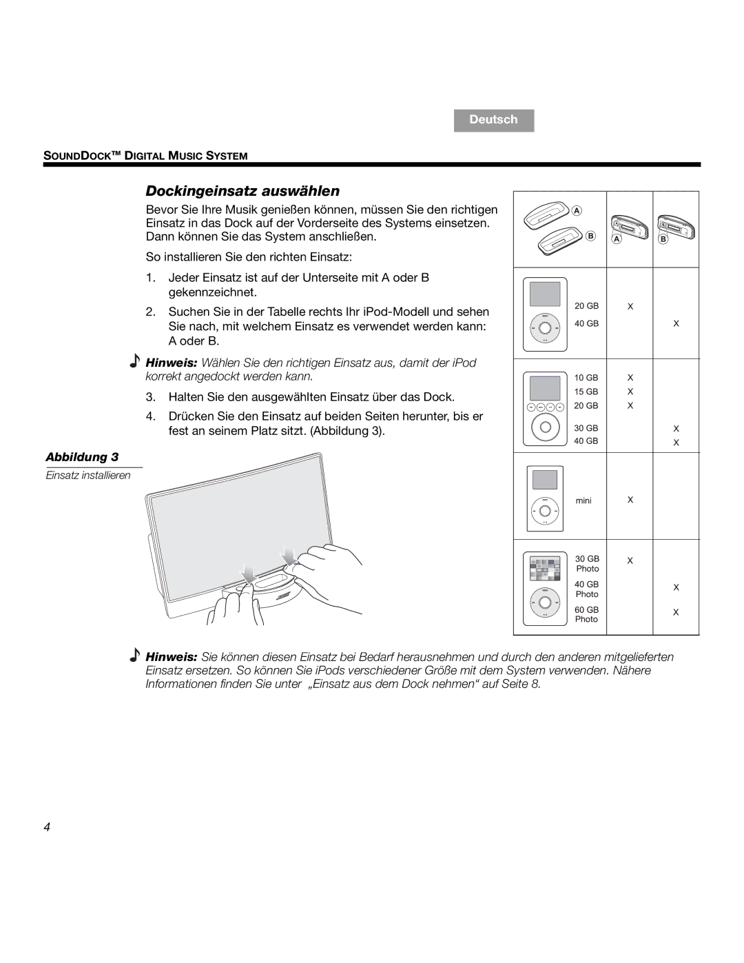 Bose SOUNDDOCKTM manual Dockingeinsatz auswählen 