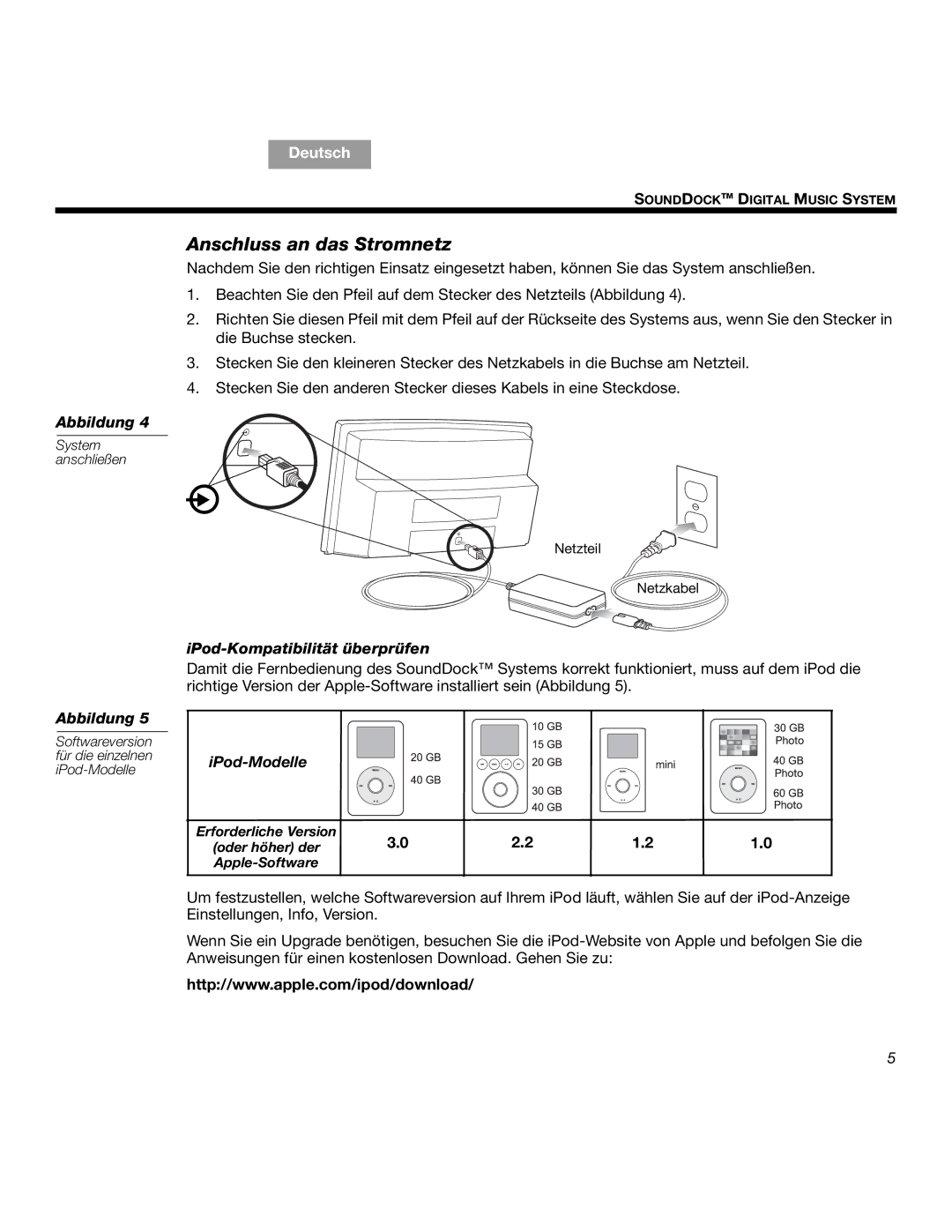 Bose SOUNDDOCKTM manual Anschluss an das Stromnetz, IPod-Kompatibilität überprüfen Abbildung, IPod-Modelle 