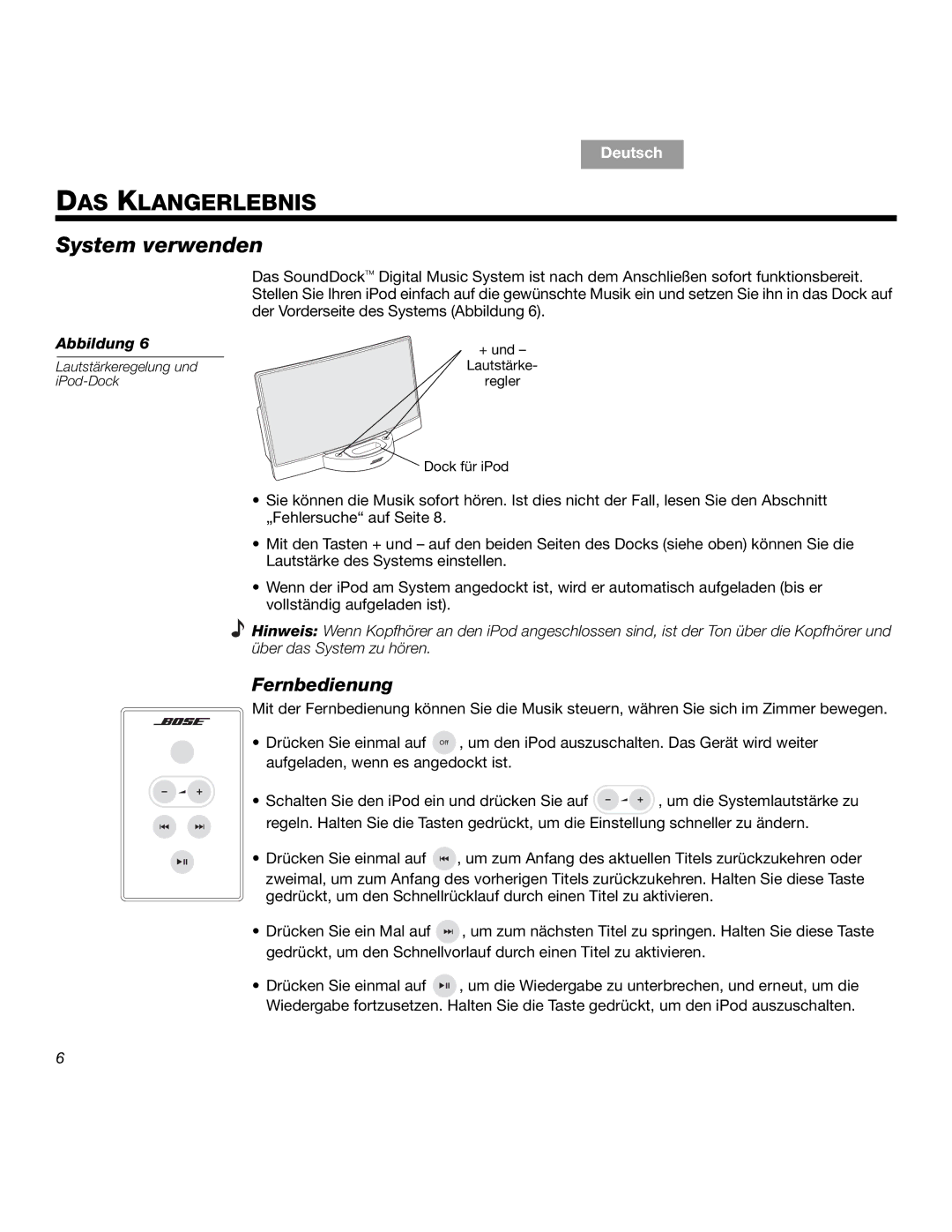 Bose SOUNDDOCKTM manual DAS Klangerlebnis, System verwenden, Fernbedienung 