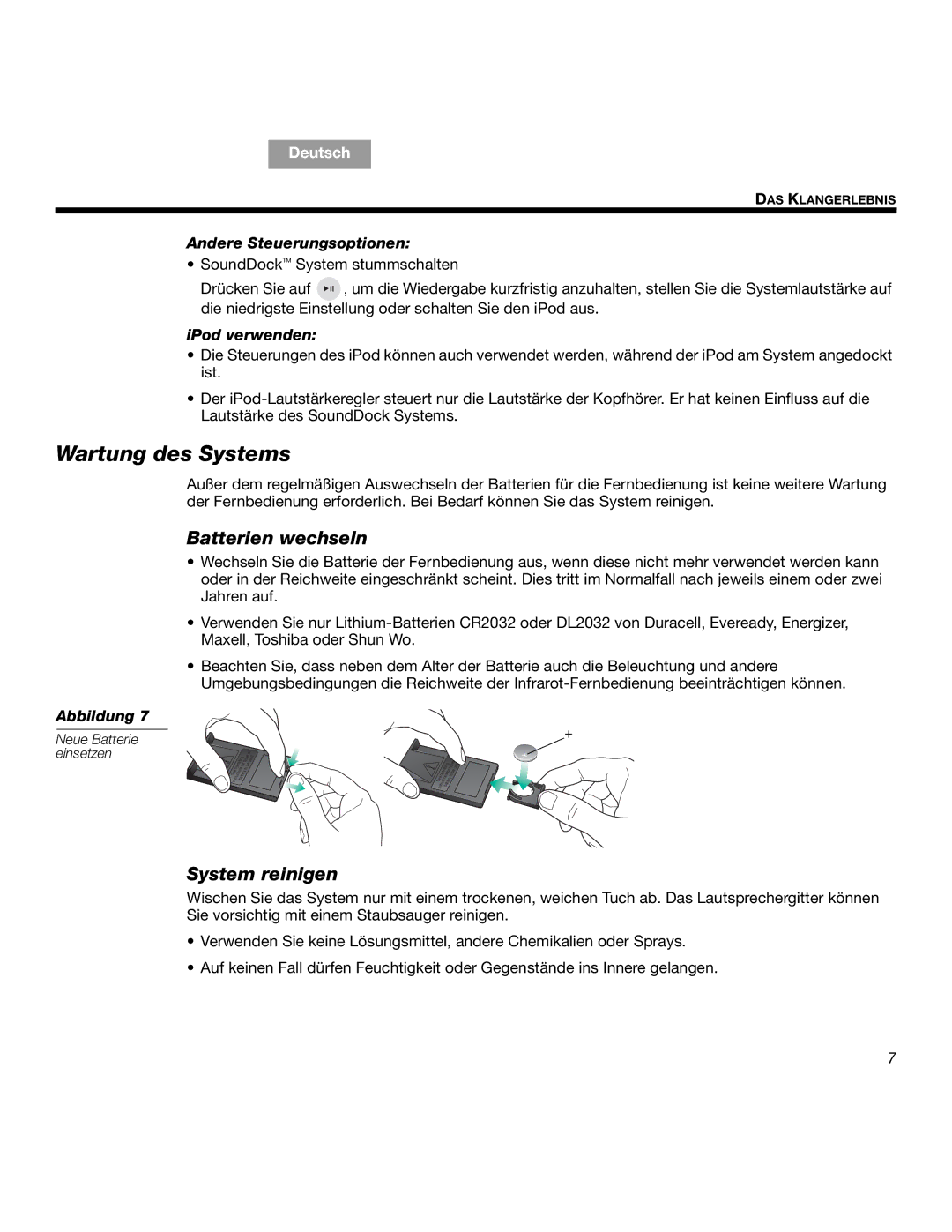 Bose SOUNDDOCKTM manual Wartung des Systems, Batterien wechseln, System reinigen, Andere Steuerungsoptionen, IPod verwenden 