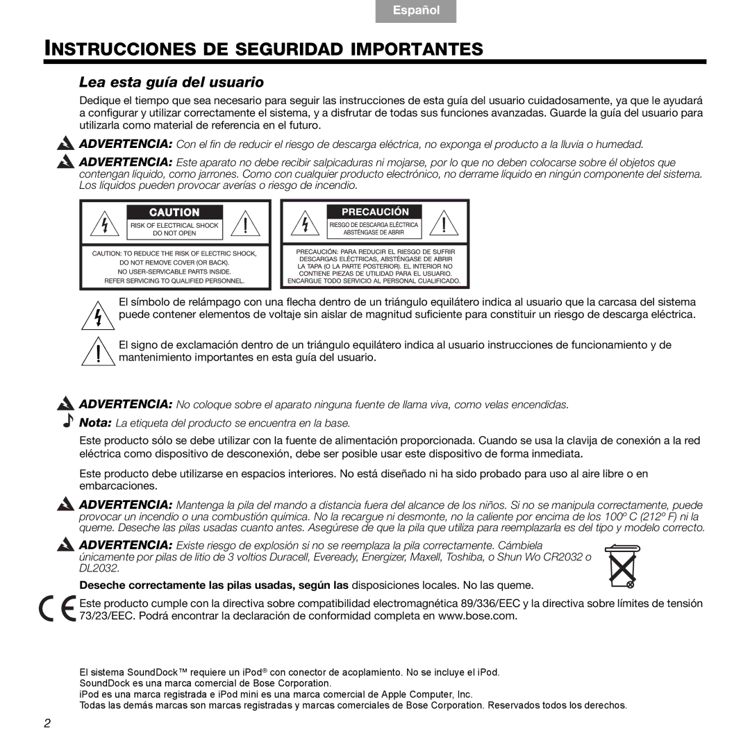 Bose SOUNDDOCKTM manual Instrucciones DE Seguridad Importantes, Lea esta guía del usuario 