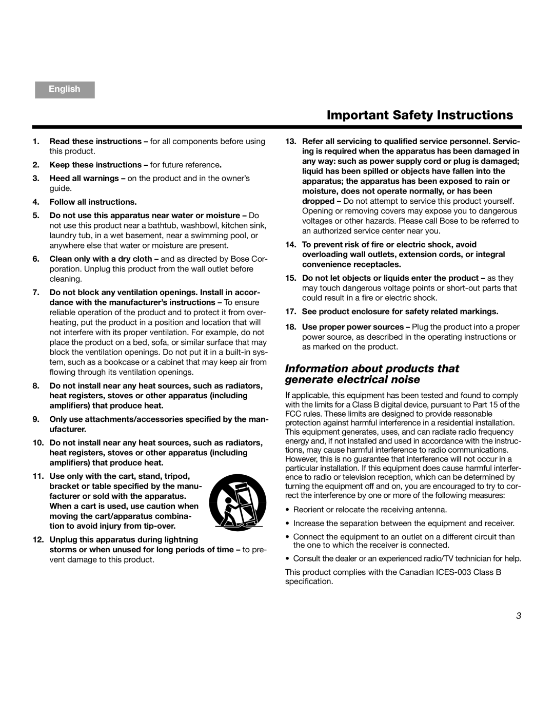 Bose SOUNDDOCKTM manual Important Safety Instructions, Information about products that generate electrical noise 