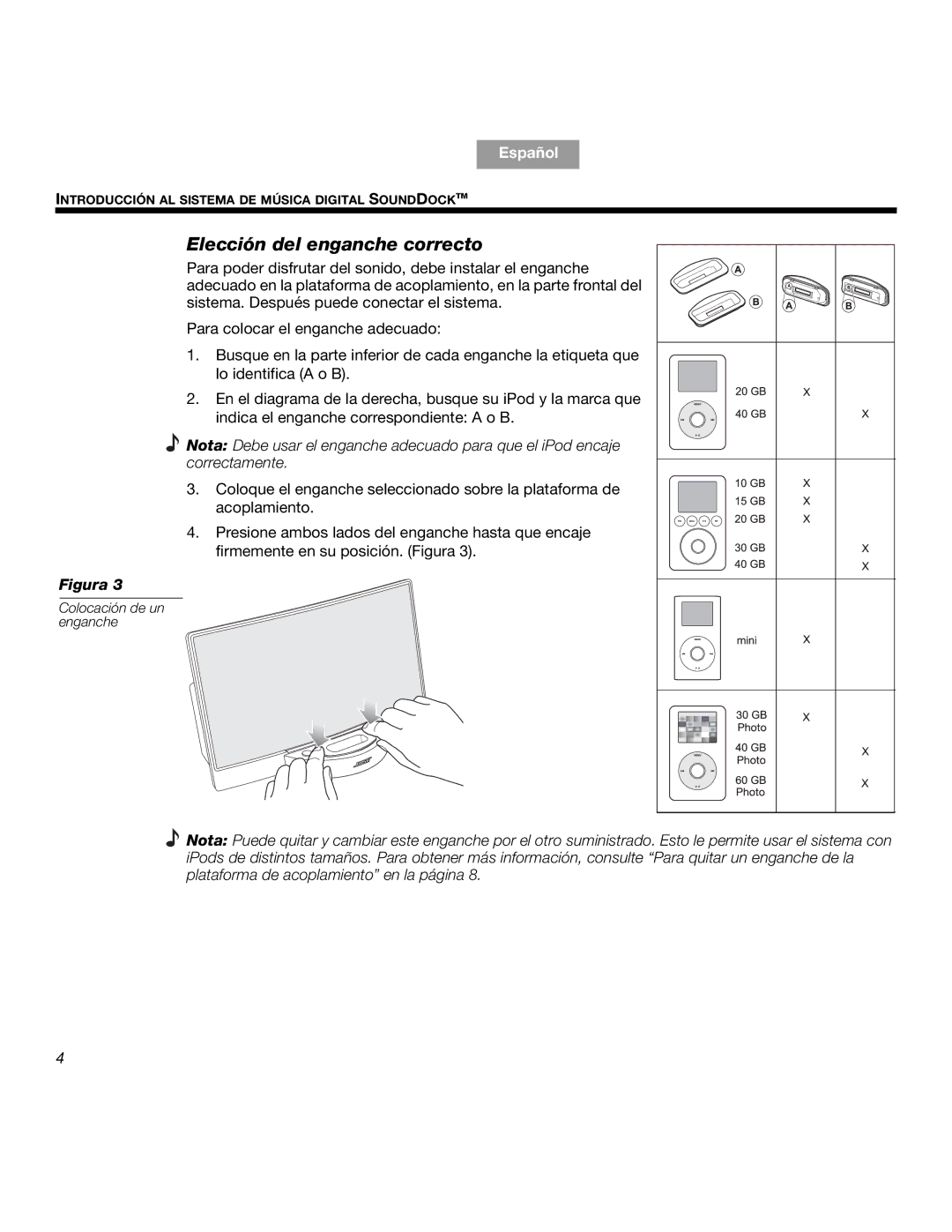 Bose SOUNDDOCKTM manual Elección del enganche correcto 