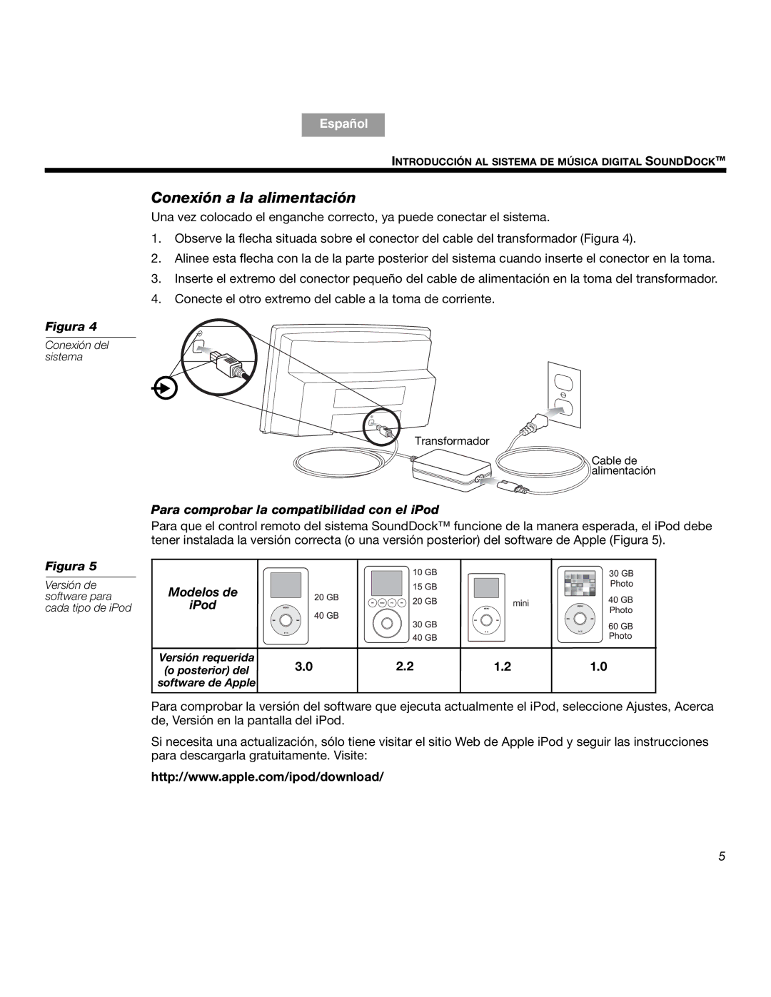 Bose SOUNDDOCKTM manual Conexión a la alimentación, Para comprobar la compatibilidad con el iPod, Modelos de IPod 