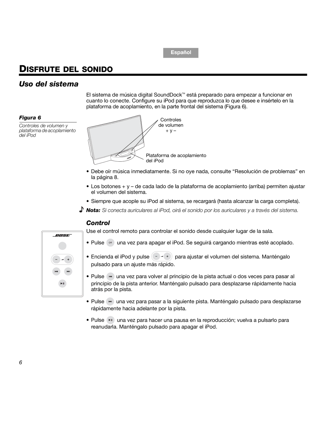 Bose SOUNDDOCKTM manual Disfrute DEL Sonido, Uso del sistema, Control 