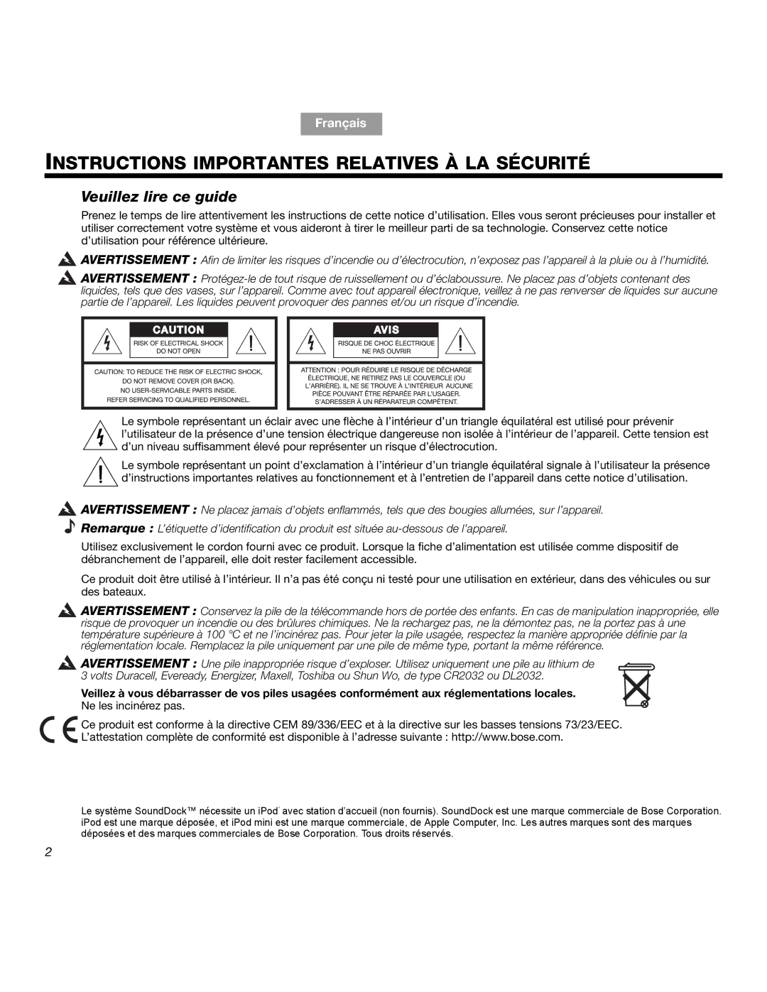 Bose SOUNDDOCKTM manual Instructions Importantes Relatives À LA Sécurité, Veuillez lire ce guide 