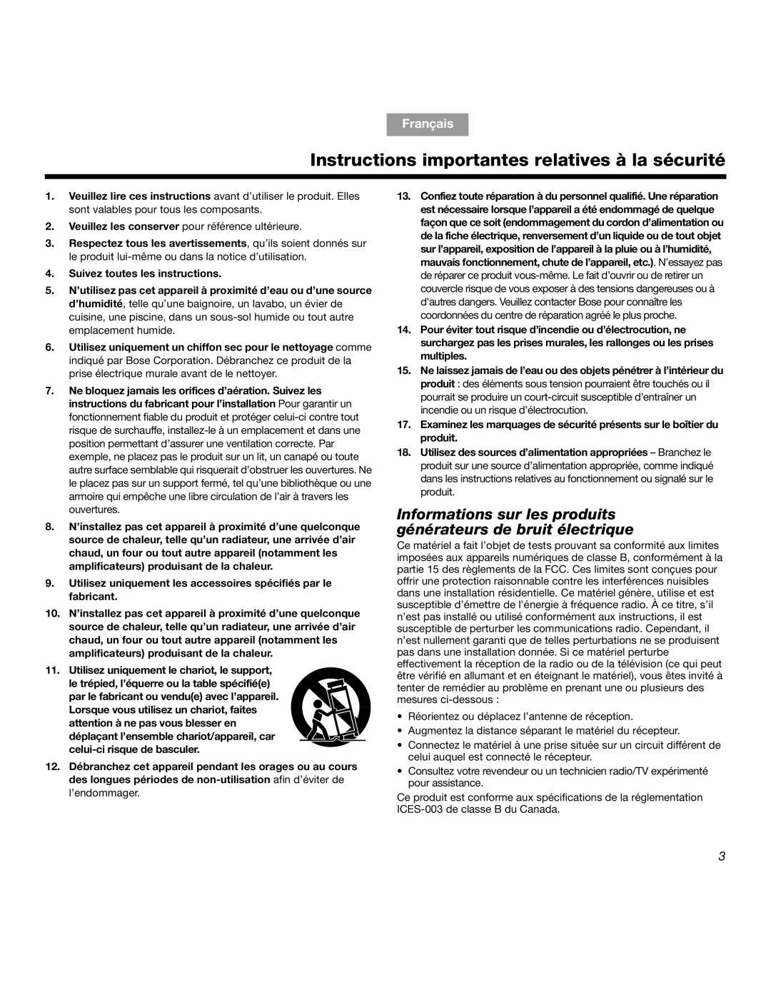 Bose SOUNDDOCKTM manual Instructions importantes relatives à la sécurité 