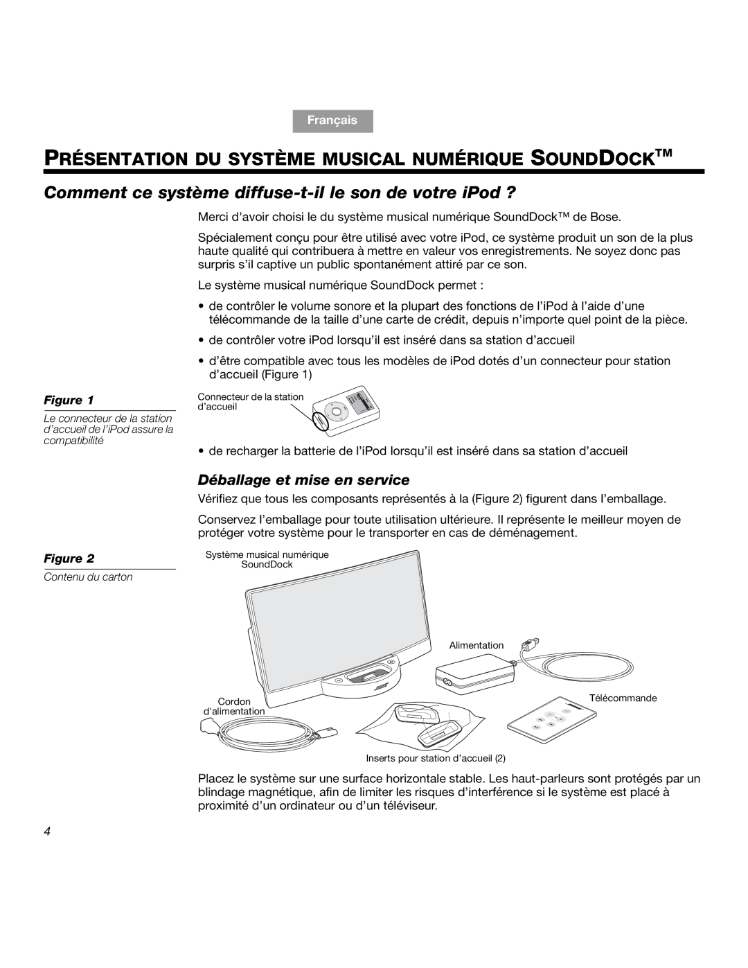 Bose SOUNDDOCKTM manual Présentation DU Système Musical Numérique Sounddocktm, Déballage et mise en service 