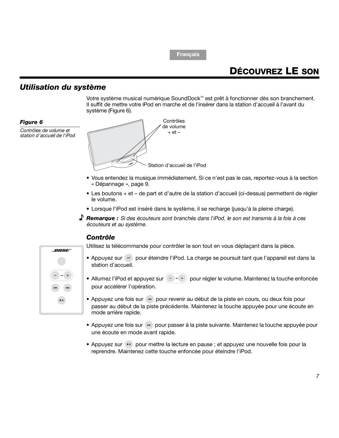 Bose SOUNDDOCKTM manual Découvrez LE SON, Utilisation du système, Contrôle 