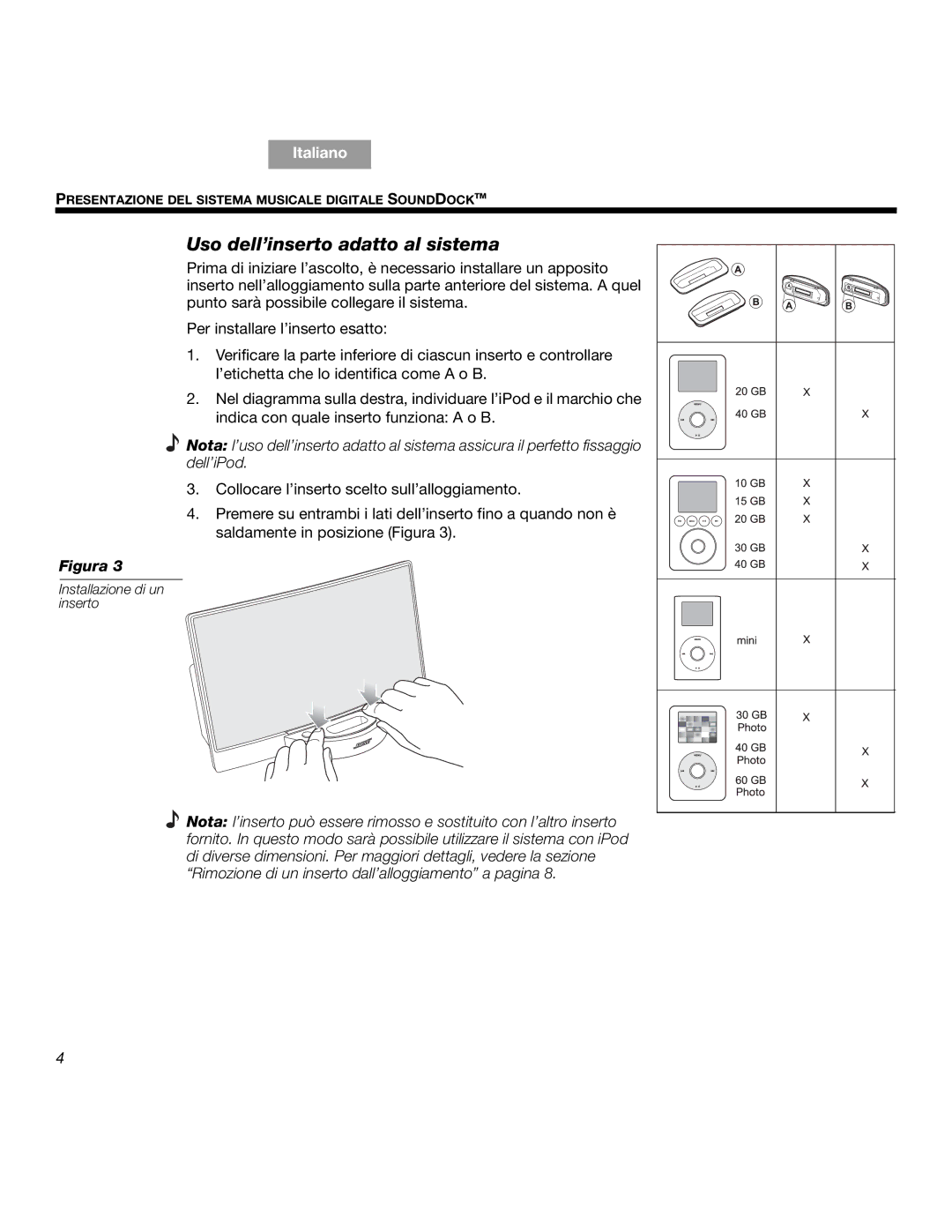 Bose SOUNDDOCKTM manual Uso dell’inserto adatto al sistema 