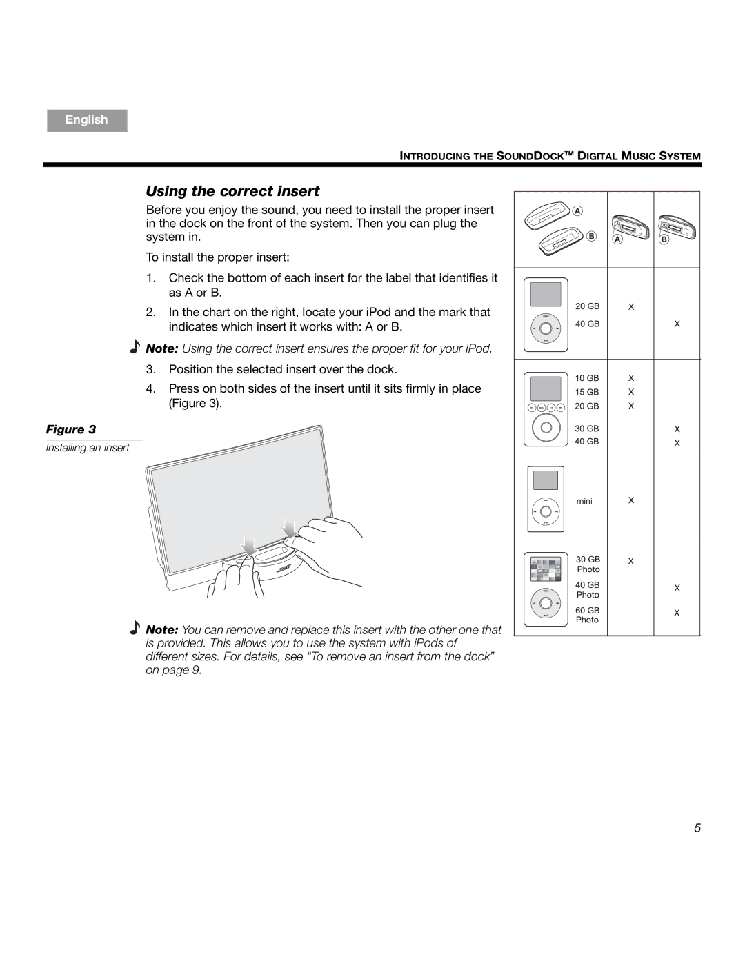 Bose SOUNDDOCKTM manual Using the correct insert 