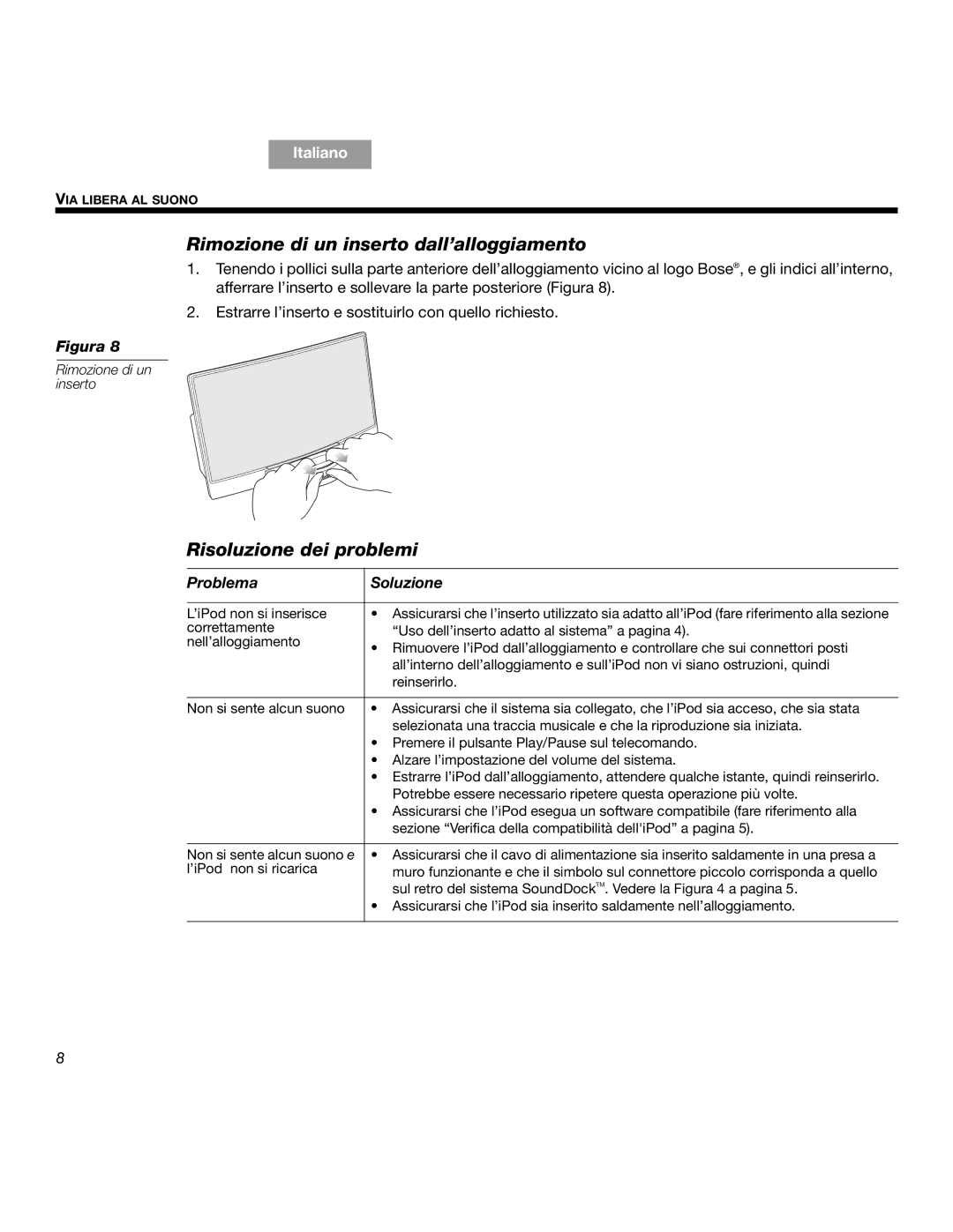 Bose SOUNDDOCKTM manual Rimozione di un inserto dall’alloggiamento, Risoluzione dei problemi, Problema Soluzione 