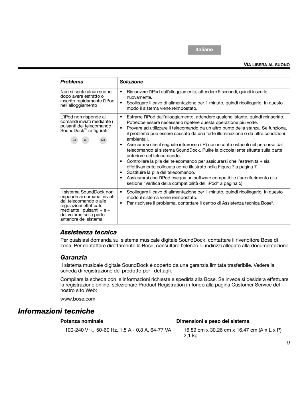 Bose SOUNDDOCKTM manual Informazioni tecniche, Assistenza tecnica, Garanzia 