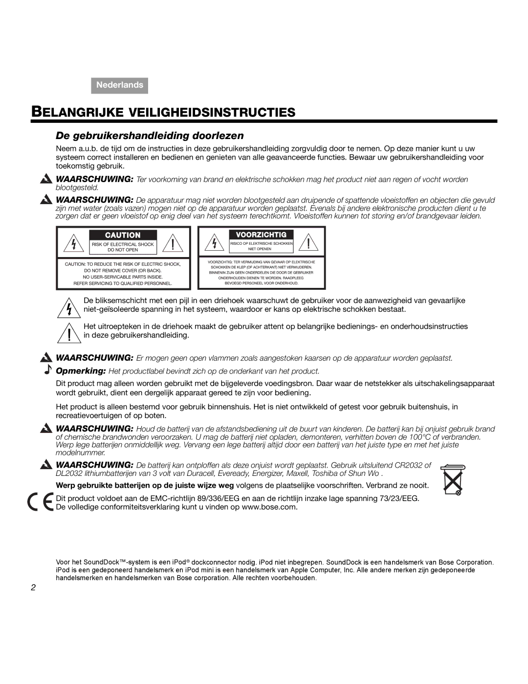 Bose SOUNDDOCKTM manual Belangrijke Veiligheidsinstructies, De gebruikershandleiding doorlezen 