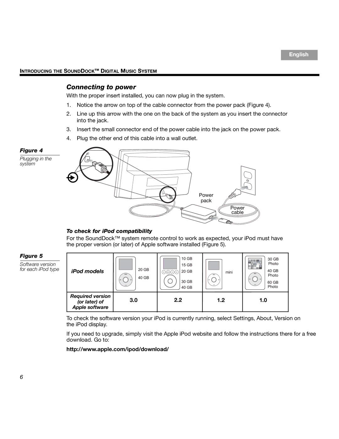 Bose SOUNDDOCKTM manual Connecting to power, To check for iPod compatibility, IPod models 