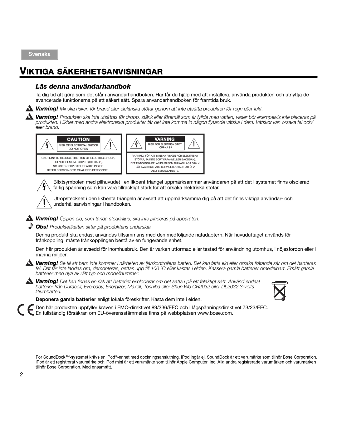 Bose SOUNDDOCKTM manual Viktiga Säkerhetsanvisningar, Läs denna användarhandbok 