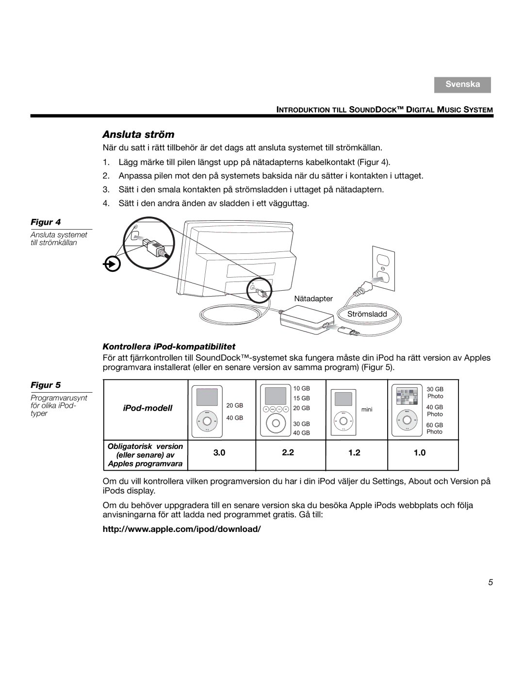 Bose SOUNDDOCKTM manual Ansluta ström, Kontrollera iPod-kompatibilitet, IPod-modell 