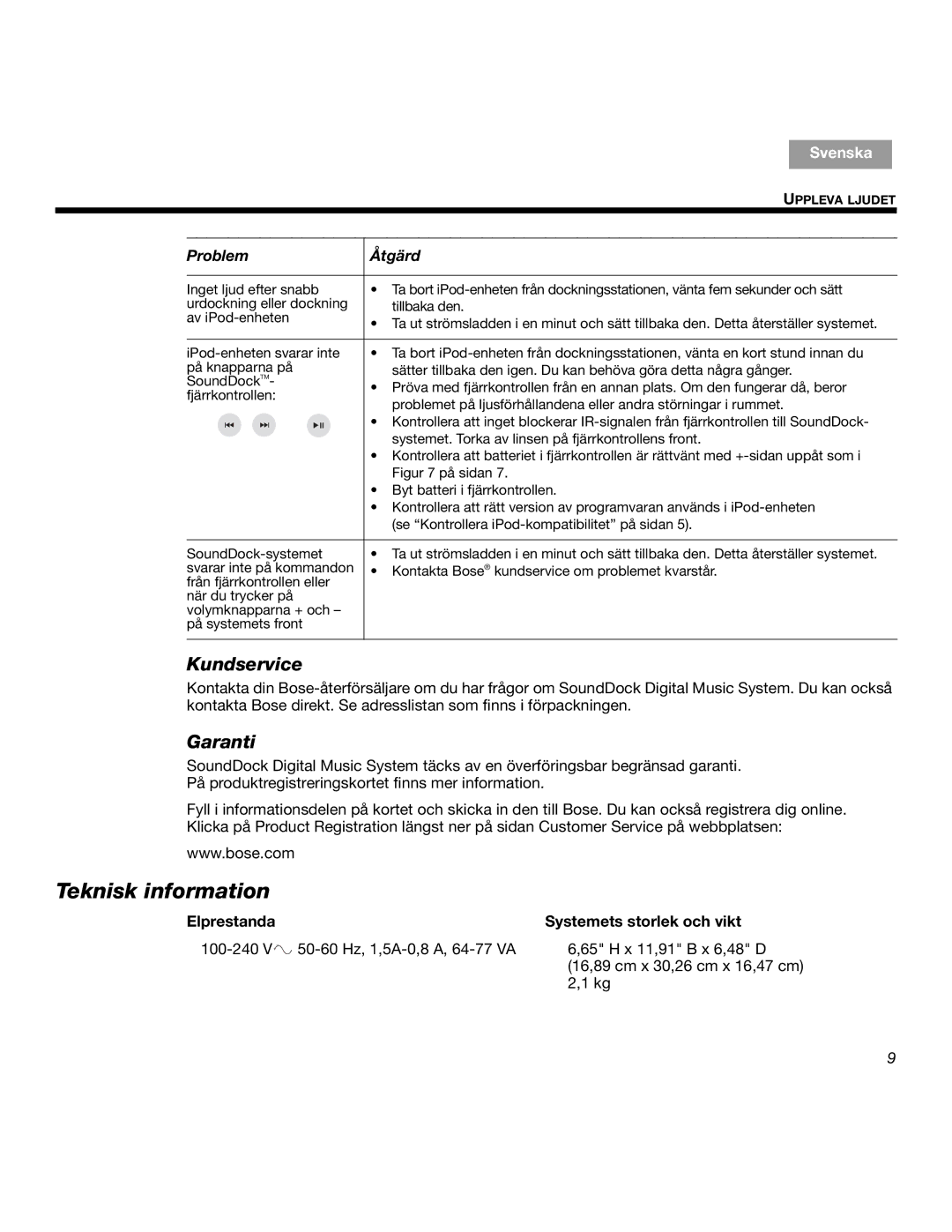 Bose SOUNDDOCKTM manual Teknisk information, Kundservice 