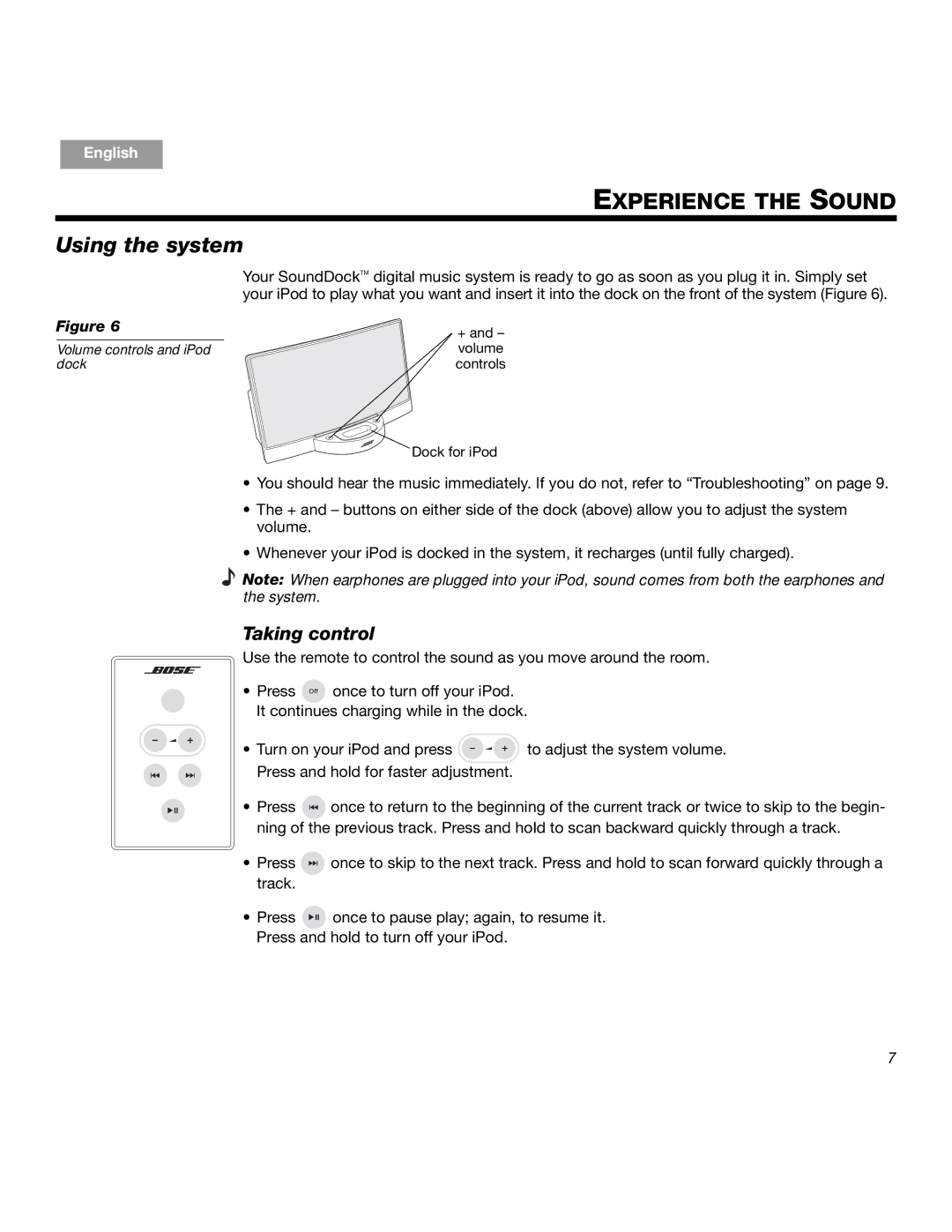 Bose SOUNDDOCKTM manual Experience the Sound, Using the system, Taking control 