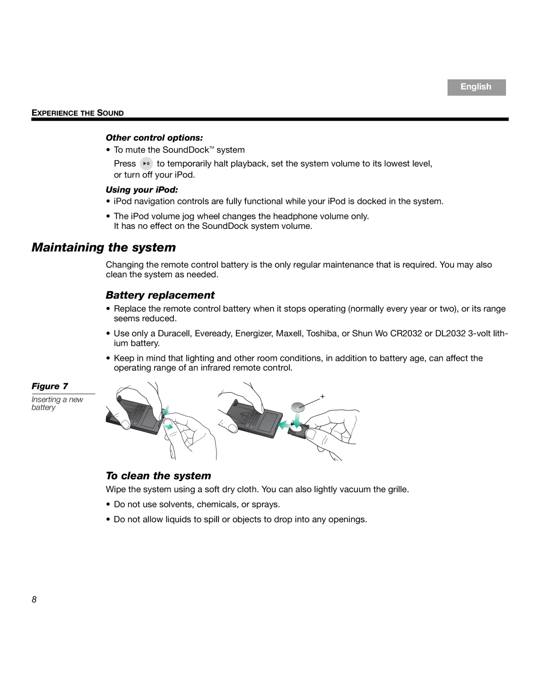 Bose SOUNDDOCKTM Maintaining the system, Battery replacement, To clean the system, Other control options, Using your iPod 