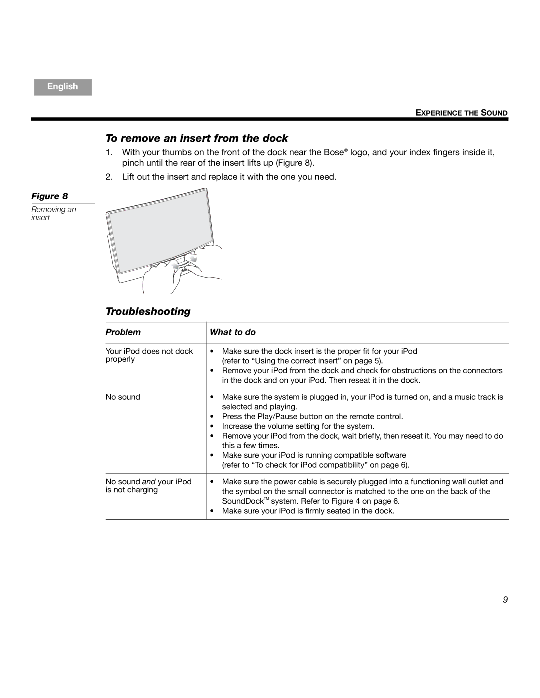 Bose SOUNDDOCKTM manual To remove an insert from the dock, Troubleshooting, Problem What to do 