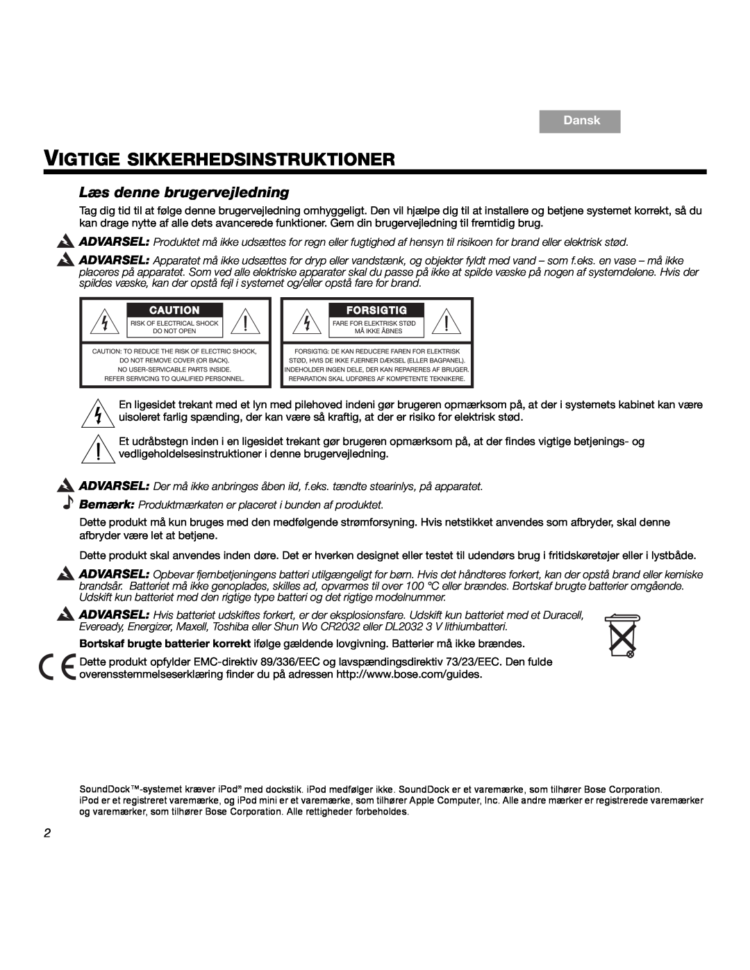 Bose SOUNDDOCKTM manual Vigtige Sikkerhedsinstruktioner, Læs denne brugervejledning, Dansk 