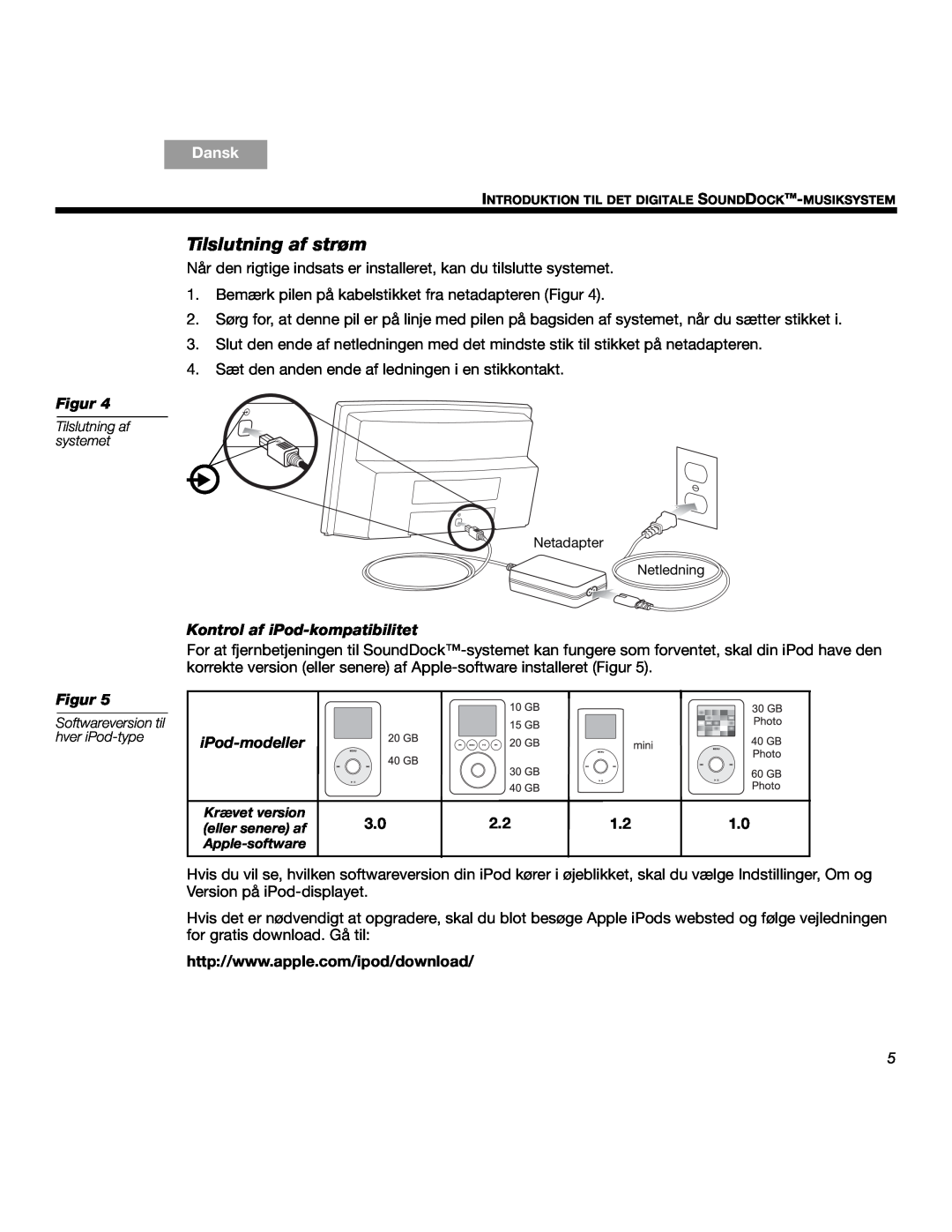 Bose SOUNDDOCKTM manual Tilslutning af strøm, Kontrol af iPod-kompatibilitet, iPod-modeller, Dansk, Figur 