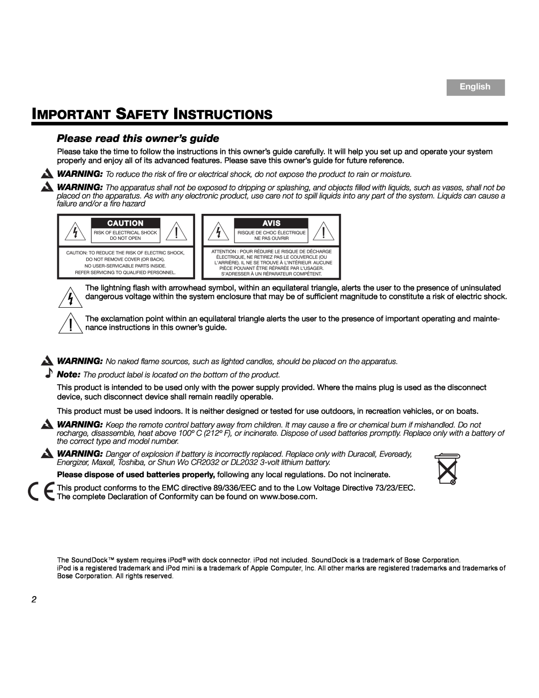 Bose SOUNDDOCKTM Important Safety Instructions, Please read this owner’s guide, Svenska, Nederlands, Italiano, Français 