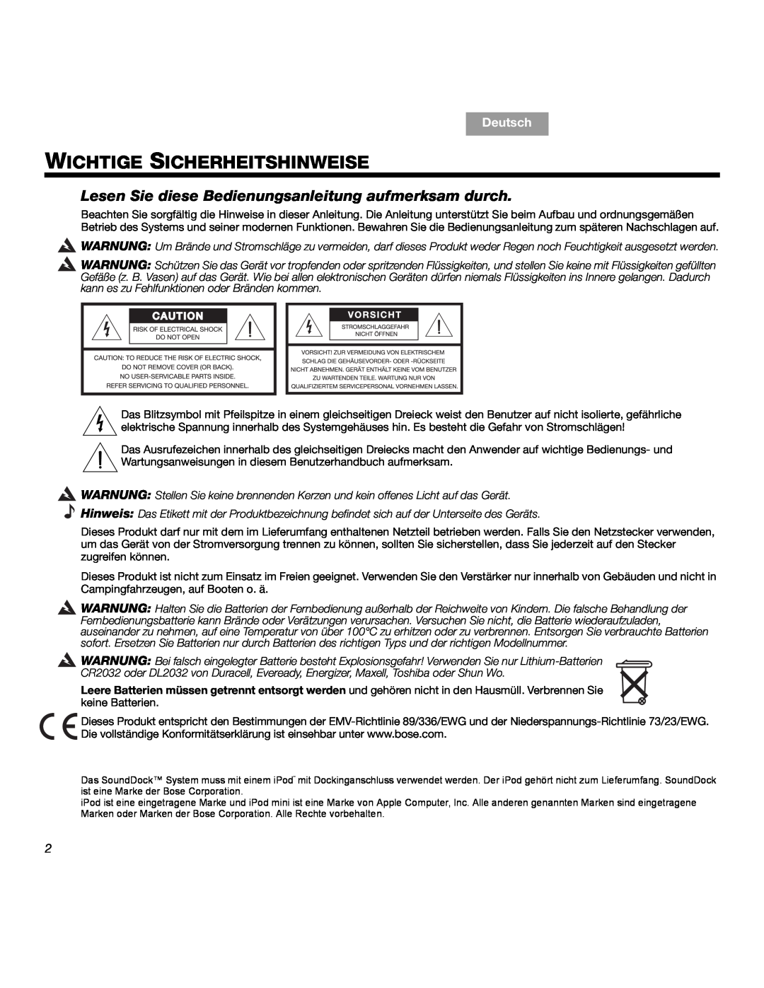 Bose SOUNDDOCKTM manual Wichtige Sicherheitshinweise, Deutsch 