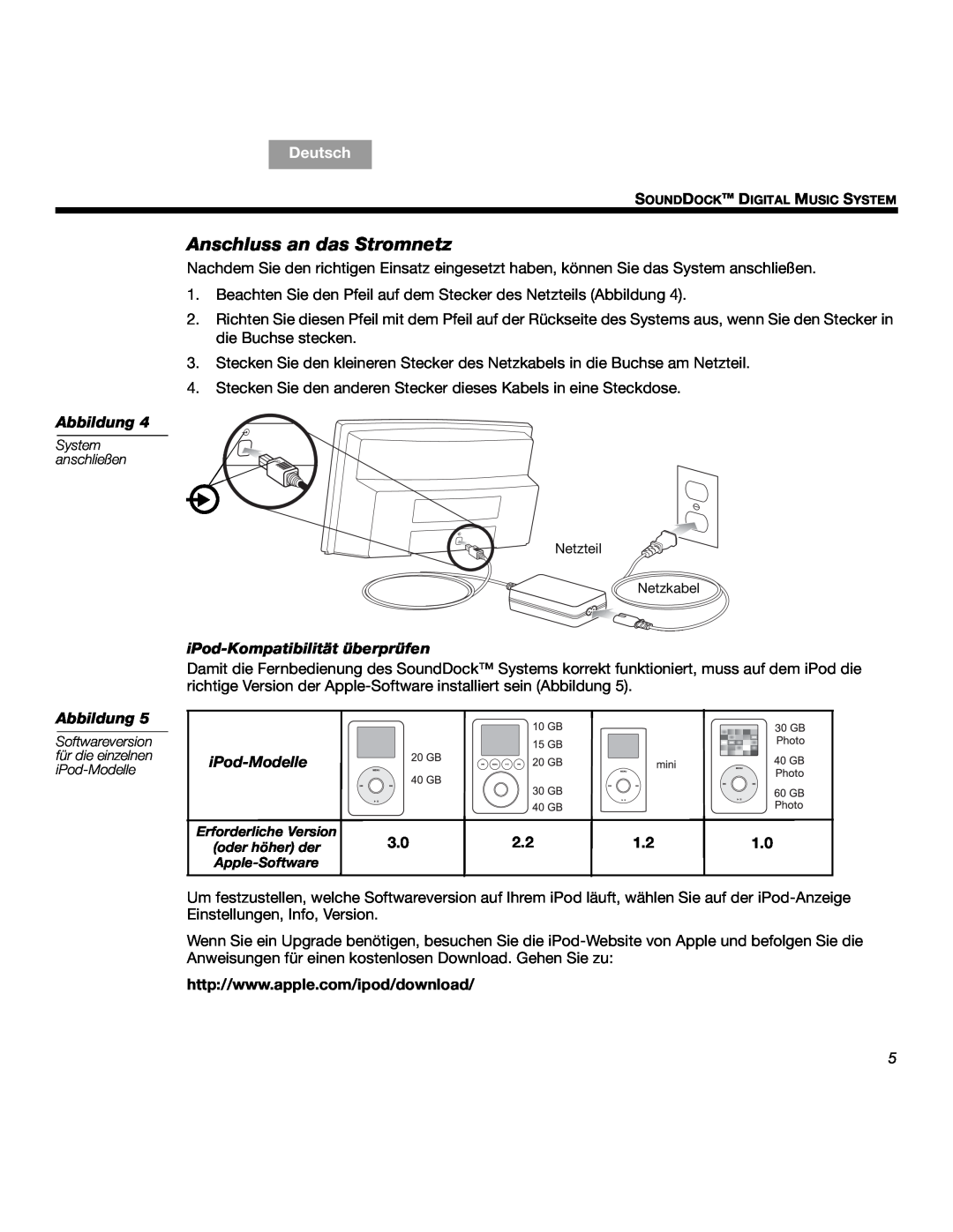 Bose SOUNDDOCKTM manual Anschluss an das Stromnetz, iPod-Kompatibilitätüberprüfen, iPod-Modelle, Deutsch, Abbildung 