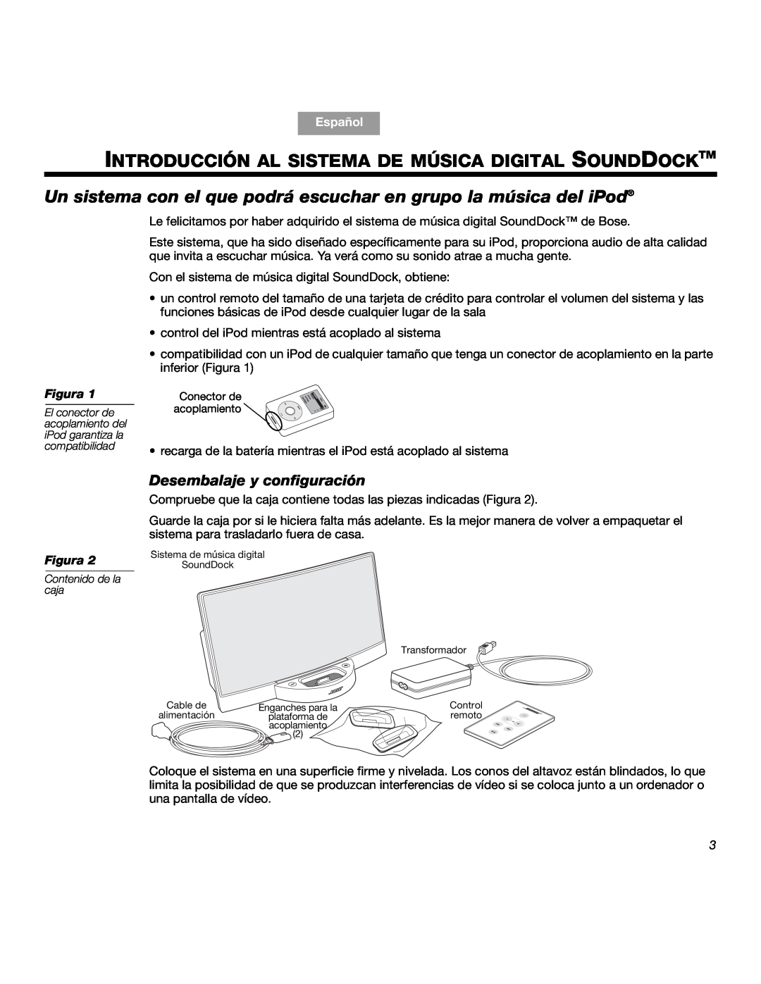 Bose SOUNDDOCKTM manual Desembalaje y configuración, Figura, Español 
